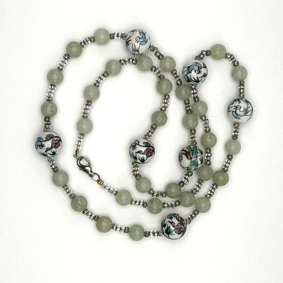 Green Jadeite Necklace Porcelain Hand Painted Asian Design Beads 32in Vintage - Picture 1 of 16